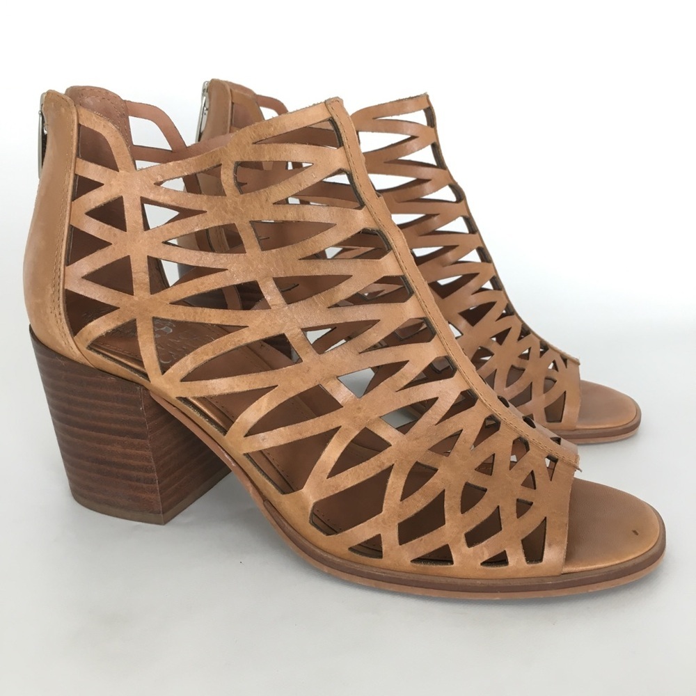 Vince Camuto Kevston Strappy Block-heel Sandals, Intricate Cutouts Brown Leather - Picture 2 of 11